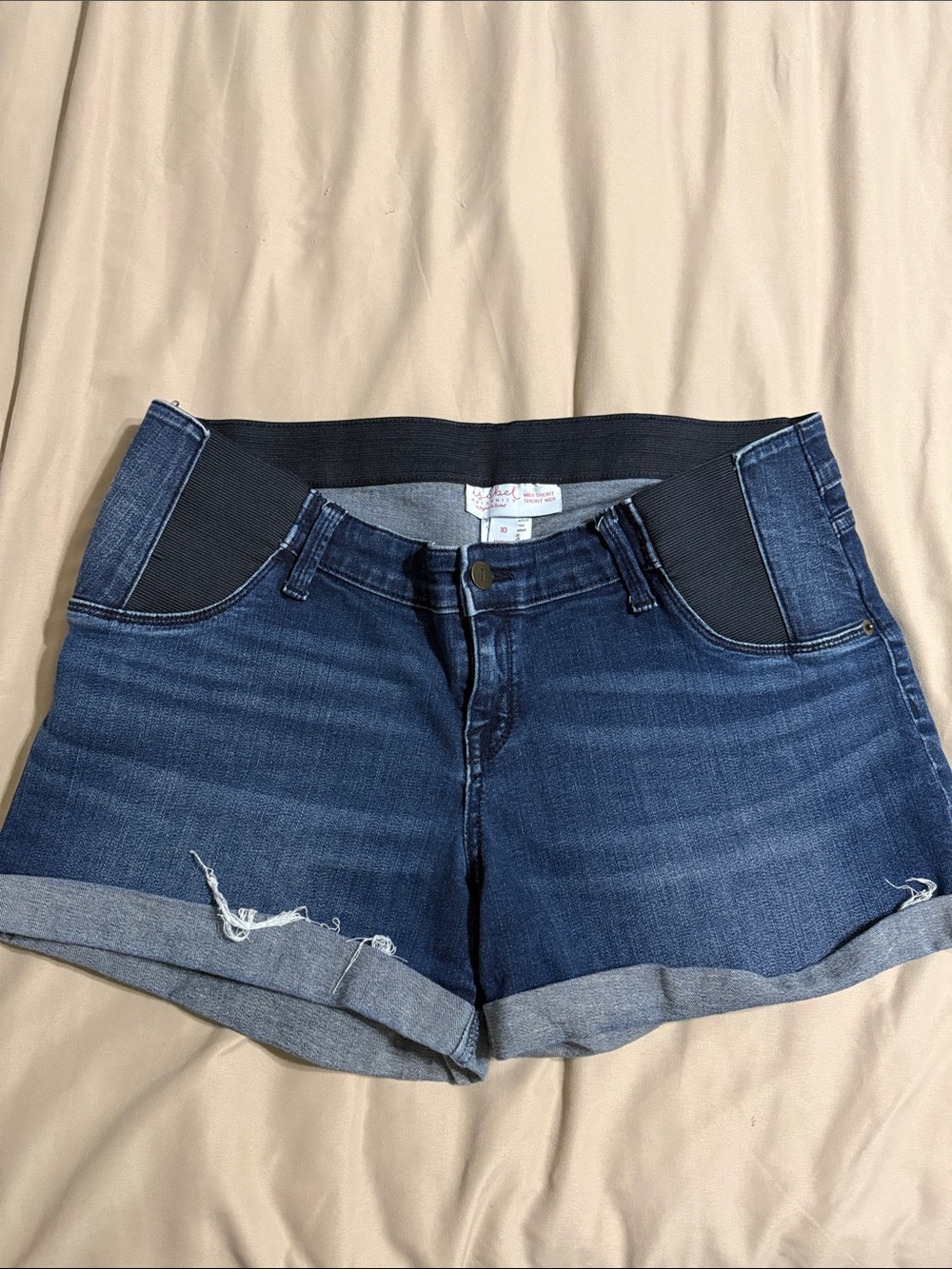 Dark Blue Maternity Denim Shorts with Stretch Waistband